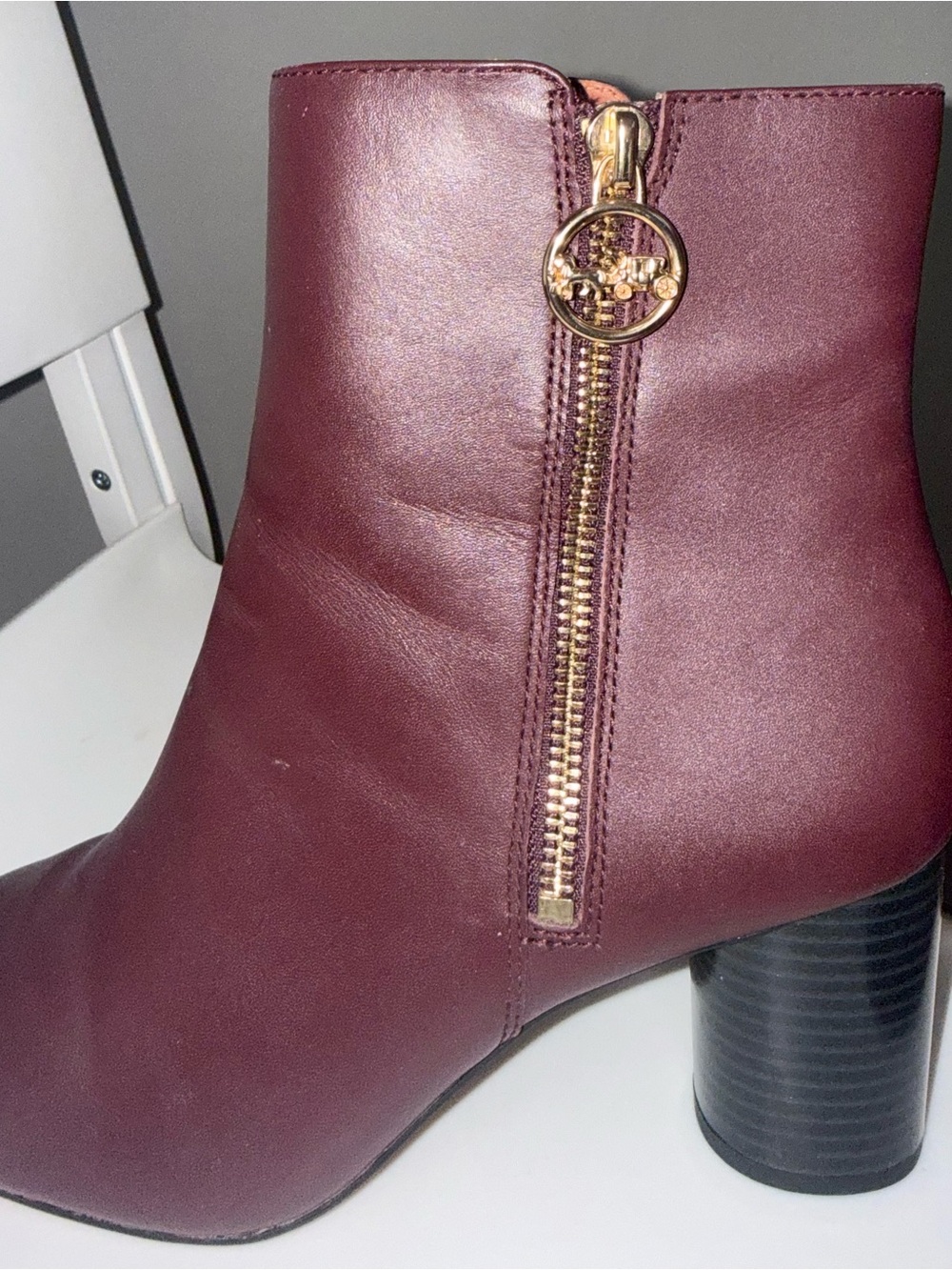 Coach Wine Leather Ankle Boots with Gold Zip Pull - Picture 12 of 13